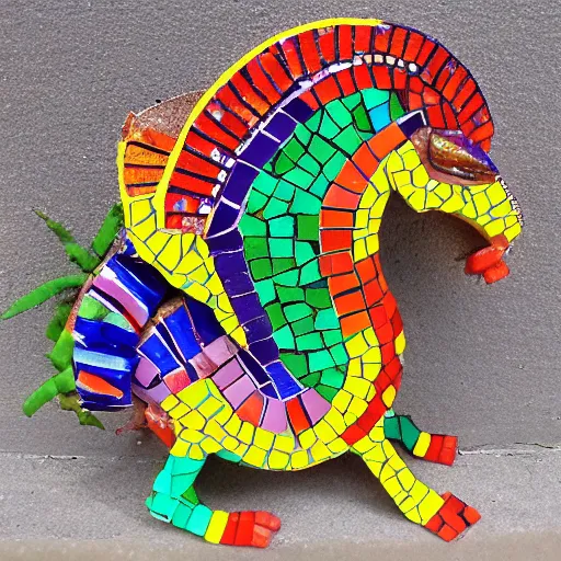 Prompt: mosaic sculpture of a alebrije chimera!!!, irregularly shaped mosaic tiles, hand glazed pottery shards, in the style of folk art, blank background