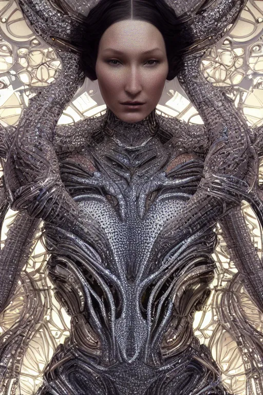 Image similar to a highly detailed metahuman 4 k close up render of an alien goddess bella hadid as doctor octopus in iris van herpen dress schiaparelli in diamonds swarovski and jewelry in style of alphonse mucha gustav klimt trending on artstation made in unreal engine 4