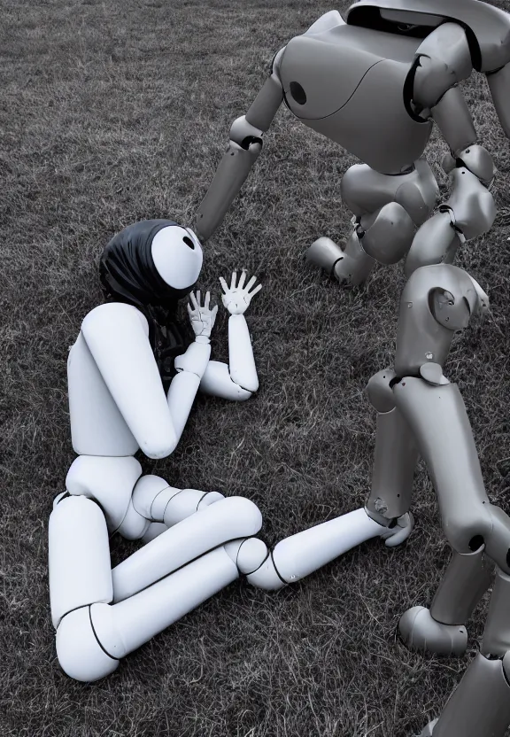 Prompt: a sad photograph of a sad slender, humanoid robot caresses a woman lying in the field, large shot, wide shot, in a street, cyberpunk photo,