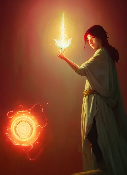 Image similar to highly detailed vfx portrait of a mage casting a light spell, unreal engine, greg rutkowski, loish, rhads, beeple, makoto shinkai and lois van baarle, ilya kuvshinov, rossdraws, tom bagshaw, alphonse mucha, global illumination, detailed and intricate environment