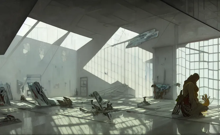 Image similar to painting of interior shot of a white concerete brutalist museum with modern contemporary abstract art on the wall by darek zabrocki and greg ruthkowski, alphonse mucha, simon stalenhag and cinematic and blue cold atmospheric, archillect concept art, artstation, trending on artstation