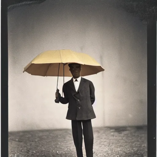 Prompt: young man holding an umbrella, 14mm high-resolution color photo