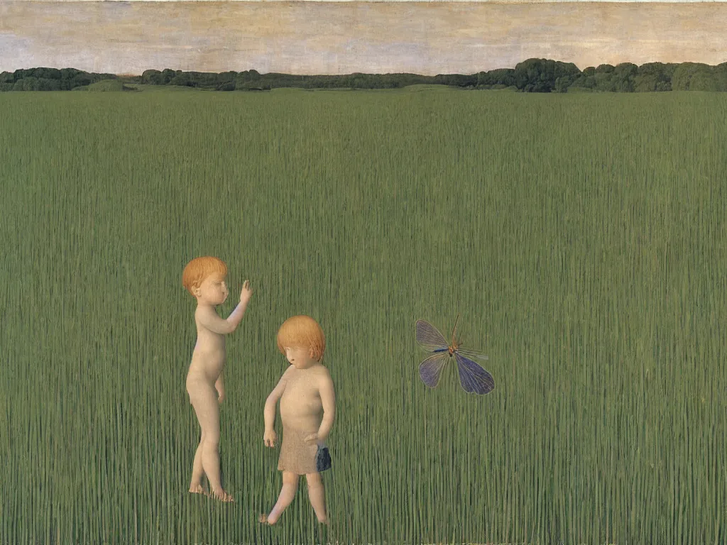 Image similar to Small child with a giant iridescent insect in the iris field. Painting by Piero della Francesca, Alex Colville