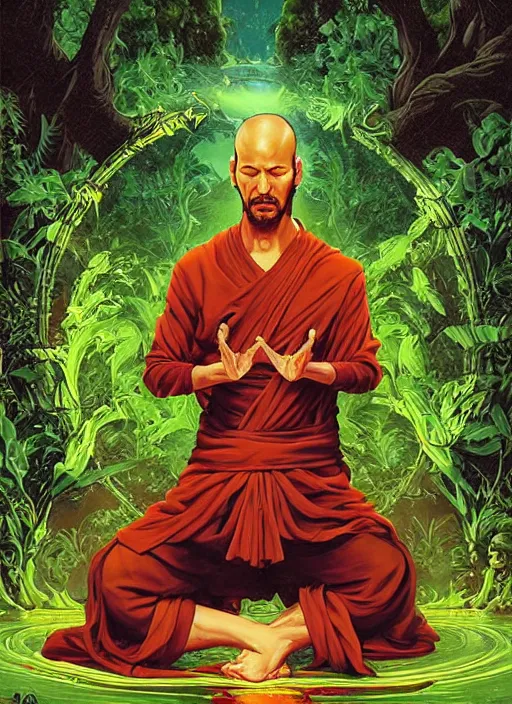 Image similar to a comic book style fantasy portrait painting of Keanu Reaves as a monk meditating in a bright serene lush green temple setting, art by Tristan Eaton, Stanley Artgerm, Tom Bagshaw, Greg Rutkowski, Carne Griffiths