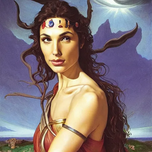 Image similar to Full body oil painting of the beautiful woman Gal Gadot, she is wearing some withe ancient roman cloths and a surreal ornate, her hair is natural disheveled, she is approaching heaven, naturalism, dramatic lighting, high-detailed oil painting by Ilya Repin, Michelangelo da Caravaggio, William Blake, Alex Grey and Beksinski, trending on Artsatio, hystorical painting, masterpiece, 4k, 8k,