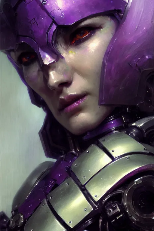 Image similar to extreme close up, facial portrait, woman with a long black ponytail in purple sci - fi armor, kitsune inspired armor, mechanical armor, cybernetic hands, stoic, grim dark, moody, portrait dnd, painting by gaston bussiere, craig mullins, greg rutkowski, yoji shinkawa