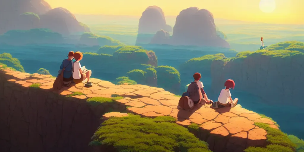 Image similar to a couple sitting over the precipice, looking at sunset, studio ghibli, pixar and disney animation, sharp, rendered in unreal engine 5, anime key art by greg rutkowski, bloom, dramatic lighting