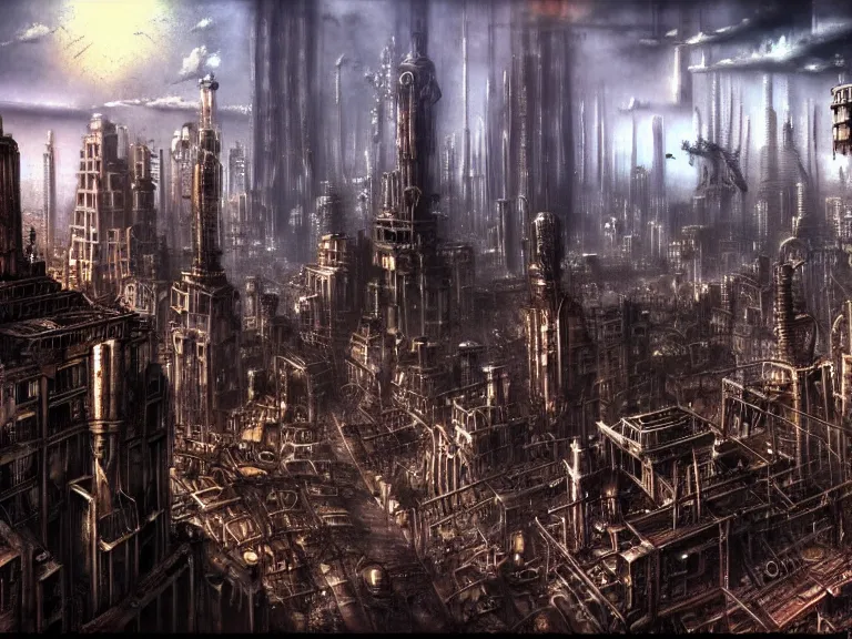 Prompt: landscape of a steampunk metropolis, full of skyscrappers, buildings, robotic angel creatures, gritty, dirty, rusty, matte painting, by hayao miyazaki