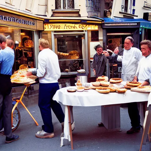 Image similar to Portrait of dutch chefs impressing impressing french people with pancakes in a street in Paris, by Steve McCurry and David Lazar, natural light, detailed face, CANON Eos C300, ƒ1.8, 35mm, 8K, medium-format print