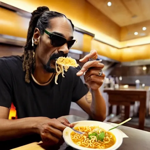 Image similar to Snoop Dog eating ramen in a restaurant