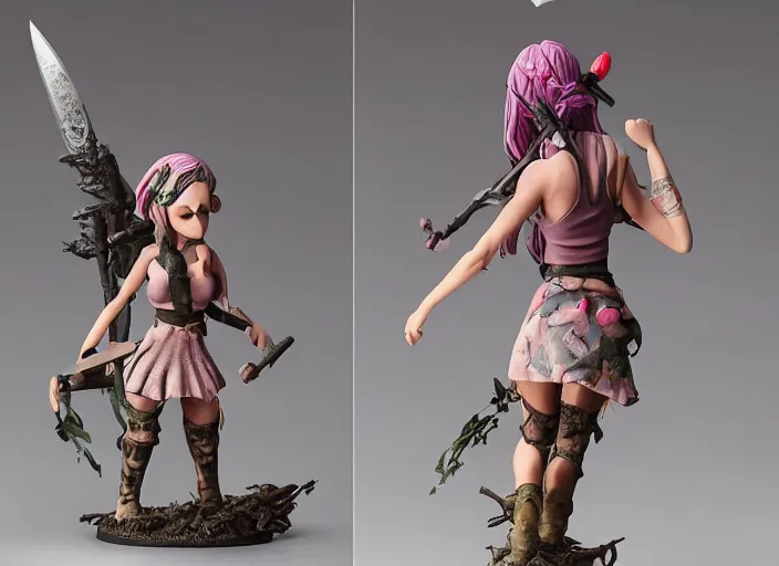 Prompt: an ominous femo figurine of a cute funny spear wielding fairy survivalist with bandages wearing a dirty floral torn dress featured on left 4 dead by studio ghibly and gamesworkshop, carrying survival gear in a large backpack, dark and moody atmosphere, hiding from zombies, 🎀 🗡 🧚