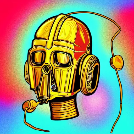 Image similar to artgerm, psychedelic laughing c 3 p 0, rocking out, headphones dj rave, digital artwork, r. crumb, svg vector