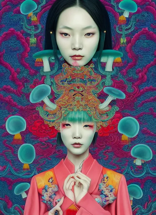 Image similar to pretty chinese model with hallucination mushroom : : by martine johanna and simon stalenhag and chie yoshii and casey weldon and wlop : : ornate, dynamic, particulate, rich colors, intricate, elegant, highly detailed, centered, vogue, fashion magazine, smooth, sharp focus, octane render, 8 k