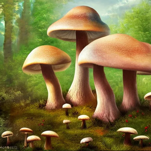 Prompt: a landscape painting with growing mushroom underground, fairy-mushroom ot toabstool different forms and bodies, national geographic photos, trending on artstation