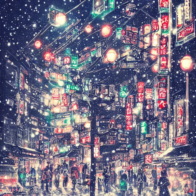 Prompt: beautiful and detailed illustration of tokyo with many lights and lens flares, snowy winter christmas night