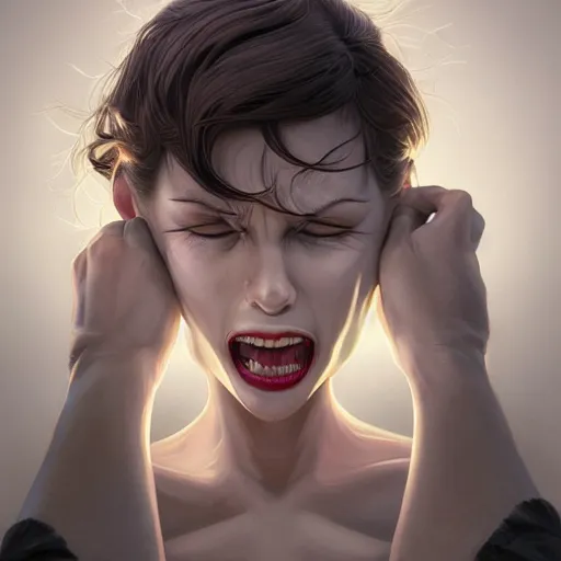 Image similar to wide open wife mouth, close - up, cry, cruelty, defiant, pin - up, full lips, symmetrical teeth, light effect, hyper detailed, intricate, elegant, highly detailed, digital painting, artstation, concept art, matte, sharp focus, illustration, by dan mumford, yusuke murata, makoto shinkai, ross tran