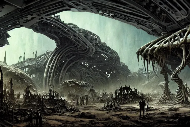 Image similar to Epic science fiction cavescape. In the foreground is soldiers in battle-armor searching, in the background alien machinery and alien eggs. The skeleton of a gigantic alien machine creature is between them. Stunning lighting, sharp focus, extremely detailed intricate painting inspired by H.R. Giger and Gerald Brom