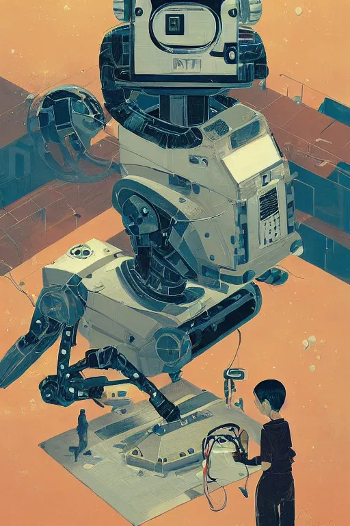 Prompt: a boy fixing his robot. high angle. oil on canvas. by Victo Ngai.