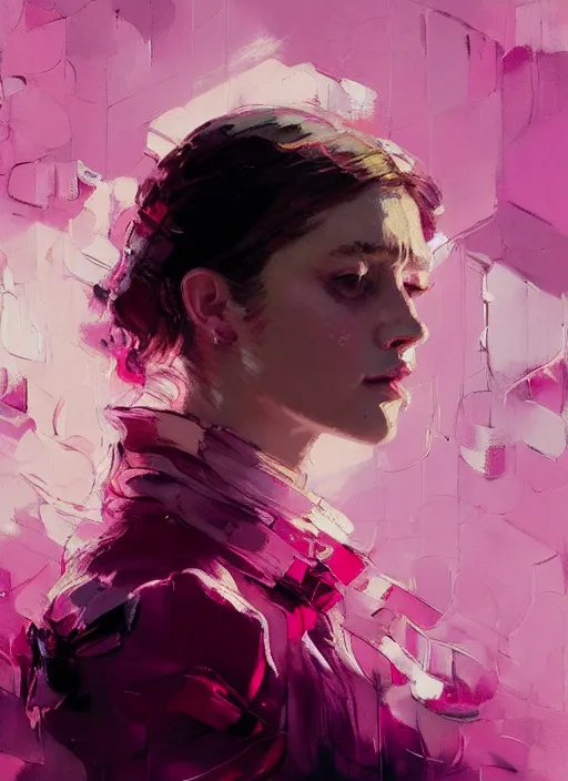 Image similar to portrait of a beautiful girl, eyes closed, open mouth, strong emotions, shades of pink, beautiful face, rule of thirds, intricate outfit, spotlight, by greg rutkowski, by jeremy mann, by francoise nielly, by van gogh, digital painting