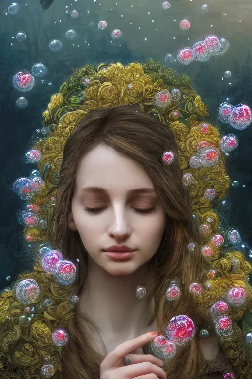 Image similar to elaborately detailed close up portrait of an extremely beautiful girl surrounded by flowers, an eerie mist and ethereal rainbow bubbles, Aetherpunk, high fantasy matte painting, fantasy matte painting movie poster, Art Nouveau, smooth, sharp focus, atmospheric lighting, highly detailed illustration highlights, backlight, golden ratio, 8K detail post-processing, symmetrical facial features, rich deep moody colors, majestic, dark epic fantasy, award winning picture, sense of awe, featured on DeviantArt, trending on cgsociety