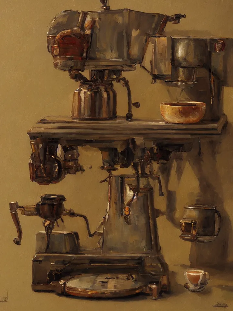 Image similar to oil painting of an ancient coffee machine, by Simon Stalenhaag, by Yoshita Amano, by Esao Andrews, sharp focus, fresh colors, conceptart, trending on artstation