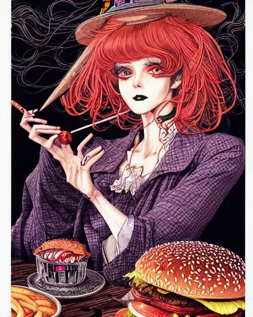 Image similar to hyper detailed illustration of a witch with a hamburger, intricate linework, lighting poster by moebius, ayami kojima, 9 0's anime, retro fantasy