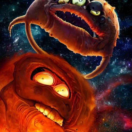 Image similar to one eldritch horror bloody garfield in space, galaxy, hd, 8 k, giant, epic, realistic photo, unreal engine, stars, prophecy, powerful, cinematic lighting, destroyed planet, debris, violent, sinister, ray tracing, dynamic, print, epic composition, dark, horrific, teeth, grotesque, scary, pencil drawing