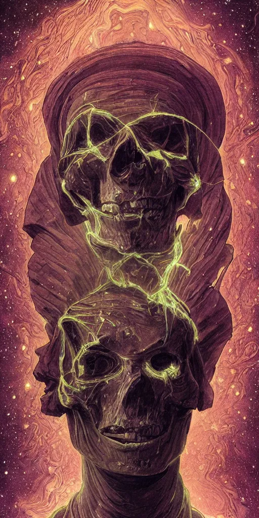 Image similar to intense glowing egyptian mummy god with ancient bandages and intense black eyes with a skull in very dark cosmic nebula by artgerm and beksinski and alphonse mucha, portrait, centered, symmetrical, clear, light beams, lens flare, intense, pharoah, uhd, amazing depth, cinematic lighting, black and purple and shining gold