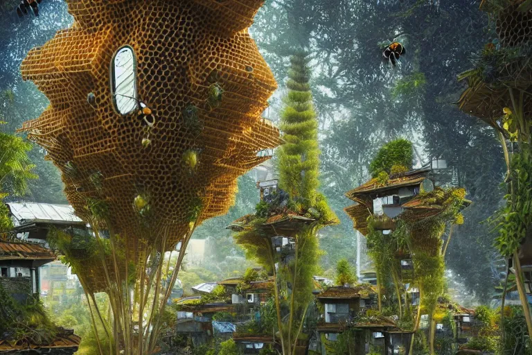 Prompt: futuristic foliage overgrowing favela honeybee hive, art nouveau environment, award winning art, epic dreamlike fantasy landscape, ultra realistic,