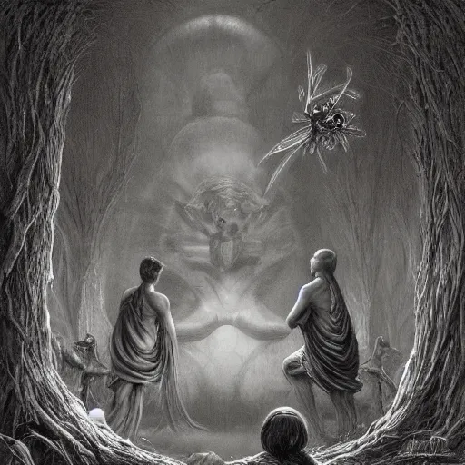 Image similar to fairies, different sizes, big, small, dark, particles, by Ross Tran, Basil Gogos, Laurie Lipton, Zdzisław Beksiński, Junji Ito, Laurie Lipton, and Michael Whelan, distant, gustav dore, H.R. Giger, 8k, hd, 4k, hyper, realistic, render