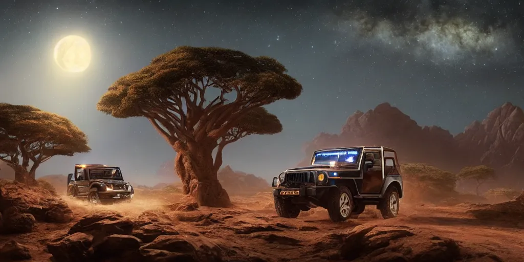 Image similar to mahindra thar riding through moonlit socotra island with dragon trees, starry night, chasing action scene, epic fantasy, sharp focus, trending on ArtStation, masterpiece, by Greg Rutkowski, by Ross Tran, by Fenghua Zhong, corona render, soft render, ultrarealistic, colorful, cinematic, shadow of the tomb rider