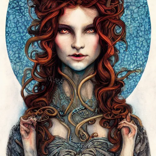 Prompt: character concept portrait of a beautiful woman with pale full face, medusa, headful of snakes, arthur rackham, blue / grey eyes, elegant, digital painting, art nouveau, smooth, focus, red glow