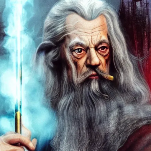 Prompt: gandalf smoking weed with red eyes