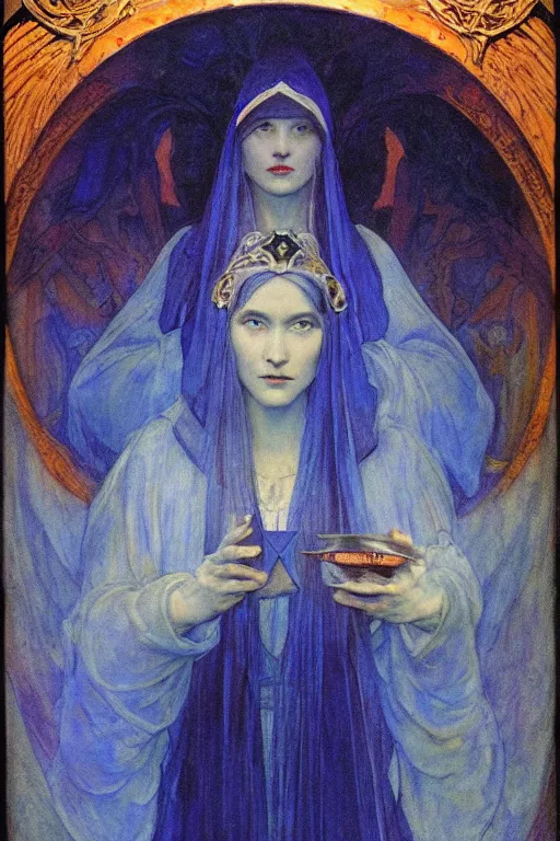 Image similar to queen of the underworld with her lantern, by Annie Swynnerton and Nicholas Roerich and jean delville, dramatic cinematic lighting , ornate headdress , flowing robes, sacred artifacts, lost civilizations, smooth, sharp focus, extremely detailed