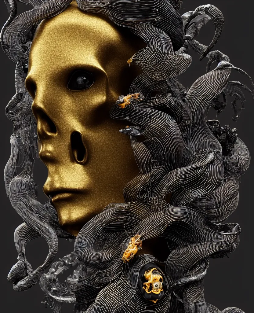 Prompt: fully black background. background hex 000000. goddess princess face close-up portrait ram skull. sculpture made of gold and black charcoal. jellyfish phoenix head, nautilus, orchid, skull, betta fish, bioluminiscent creatures, intricate artwork by Tooth Wu and wlop and beeple. octane render, trending on artstation, greg rutkowski very coherent symmetrical artwork. cinematic, hyper realism, high detail, octane render, 8k
