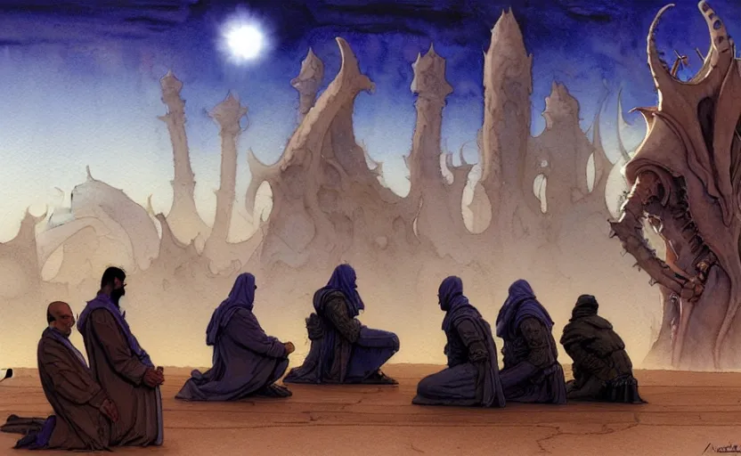 Image similar to a hyperrealist watercolour character concept art portrait of a group of middle eastern men kneeling down in prayer to a tall elegant lovecraftian alien on a misty night in the desert.. a battlecruiser starship is in the background. by rebecca guay, michael kaluta, charles vess and jean moebius giraud