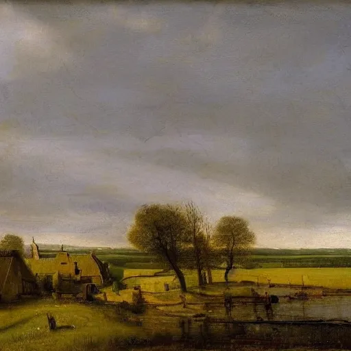 Prompt: Serene Dutch rural countryside farmhouse and well and stable early morning sunrise in spring, Oil painting, atmospheric lighting, highly detailed Rembrandt van Rijn, Aert de Gelder, Esaias van de Velde.