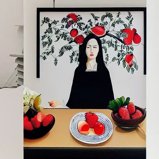 Image similar to “art in an Australian artist’s apartment, portrait of a woman wearing white cotton cloth, eating luscious fresh raspberries and strawberries and blueberries, white wax, edible flowers, Japanese pottery, ikebana, black walls, acrylic and spray paint and oilstick on canvas”