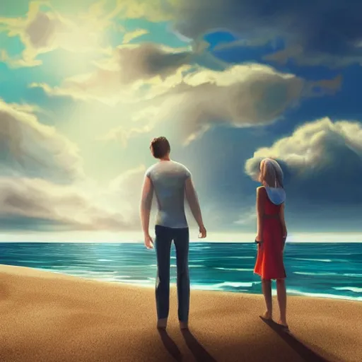 Prompt: a man and a woman looking to the sea in a beach, sunshine, realistic, clouds , illustration, artstation