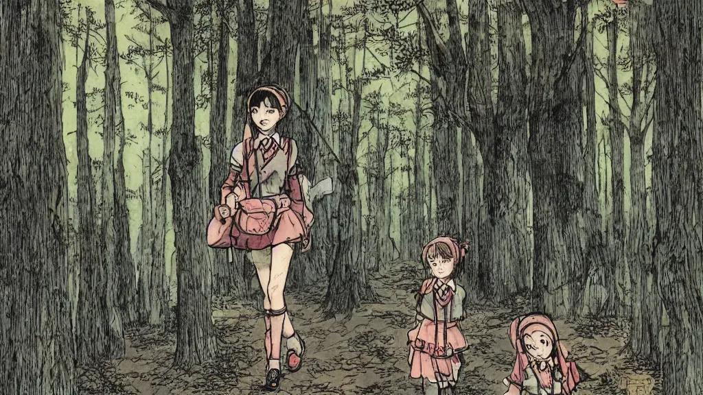 Prompt: cute schoolgirl walk in the forest, in style of katsuya terada,