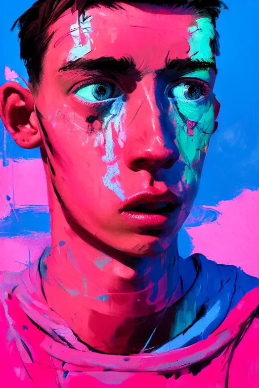 Prompt: portrait of a young soldier boy nor living in a death postapoliptic world, painted in acrylic, in the colors hot pink and cyan, beautiful face, rule of thirds, complex outfit, spotlight, by greg rutkowski, by jeremy mann, by francoise nielly, by van gogh, digital painting