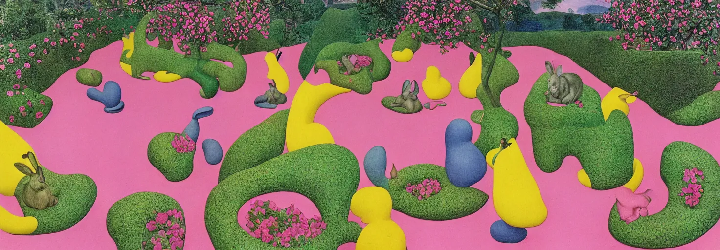 Image similar to a garden filled rabbit shape pink rock, by m. c. escher, yellow, green, red, snowy, ultra sharp, ultra detailed, happy, uplifting, colorized by salvador dali