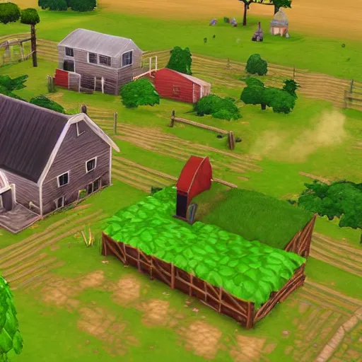 Image similar to a small vintage farm on fire in a corn field in the style of sims 4, gameplay footage