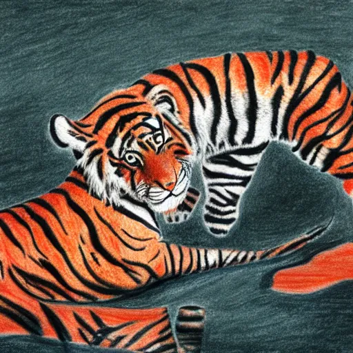 Prompt: drawing of a tiger cubs floating upside down in a pond of black oil, red ballpoint pen, outsider art style