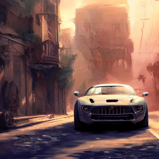 Prompt: a ugly!!!!!!!!!!!! 1 car driving in a narrow road, digital painting, artstation, concept art, craig mullins, breathtaking, 8 k resolution, extremely detailed, beautiful, establishing shot, artistic, hyperrealistic, octane render, cinematic lighting, dramatic lighting, masterpiece, light brazen, extremely detailed and beautiful face