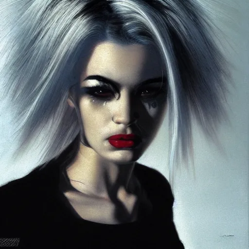 Image similar to A young woman with black and white hair looking disgusted away from the camera, Punk, Portrait by Noriyoshi Ohrai, rendered in octane, oil on canvas