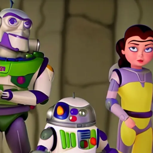 Image similar to rey skywalker and buzz lightyear holding hands