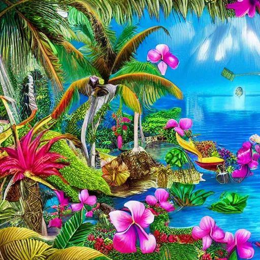 Prompt: tropical paradise, 4 k, intricate detailed, jaw dropping, gorgeous