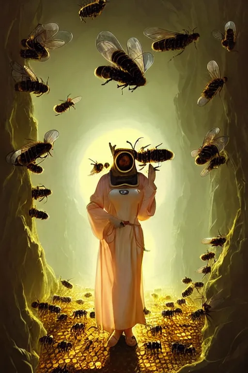 Image similar to fantasy beekeeper, stunning woman, wearing nanotech honeycomb robe, silky, surrounded by bees, cinematic, greg rutkowski, peter mohrbacher