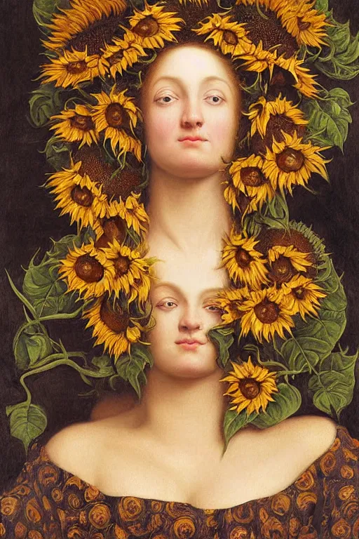 Image similar to hyper realistic painting portrait of the lady of sunflowers, occult diagram, elaborate details, rococo, baroque, gothic, intrincate ornaments, gold decoration, caligraphy, occult art, illuminated manuscript, oil painting, art noveau, in the style of roberto ferri, gustav moreau, jean delville, bussiere, andrew gonzalez, jim harter